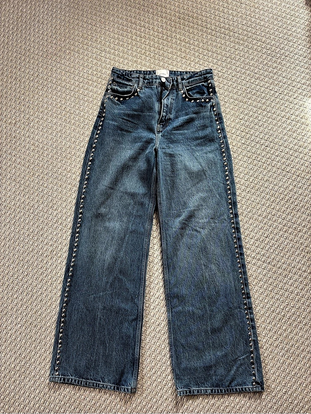 Reformation Cary High Rise Slouchy Wide Leg Jeans Blue Waist 27 STUDS
